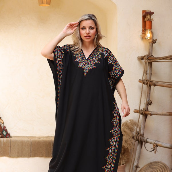 Colorful Black embroidered maternity caftan, caftans for women, caftan, women's kaftan, free size Kaftan, Summer Kaftan, maternity dress