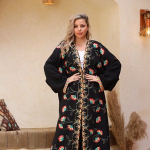 Boho schwarze Leinen Strickjacke, gestickte Sommer Abaya, Abayas für Frauen, Boho Kimono, Damen Duster, Boho Cardigan, Duster, Cardigan