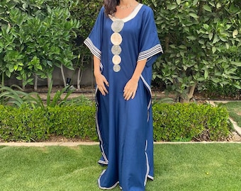 Elegant blue butterfly embroidered Plus size Kaftan with belt, Loose fit Bohemian Caftan, Cotton Kaftan, Exotic Kaftan, Moroccan Caftan