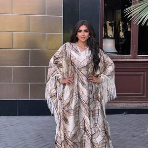 Off White Satin Kaftan Dress with Fringes – Boho Caftans for Women – Resort Wear Loungewear – Flowy Vacation Dress – Glam Beach Cover Up