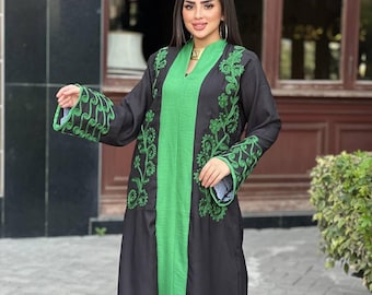 Embroidered Linen Blend Caftan, Chic Summer Abaya, Flowy Kaftan Dress