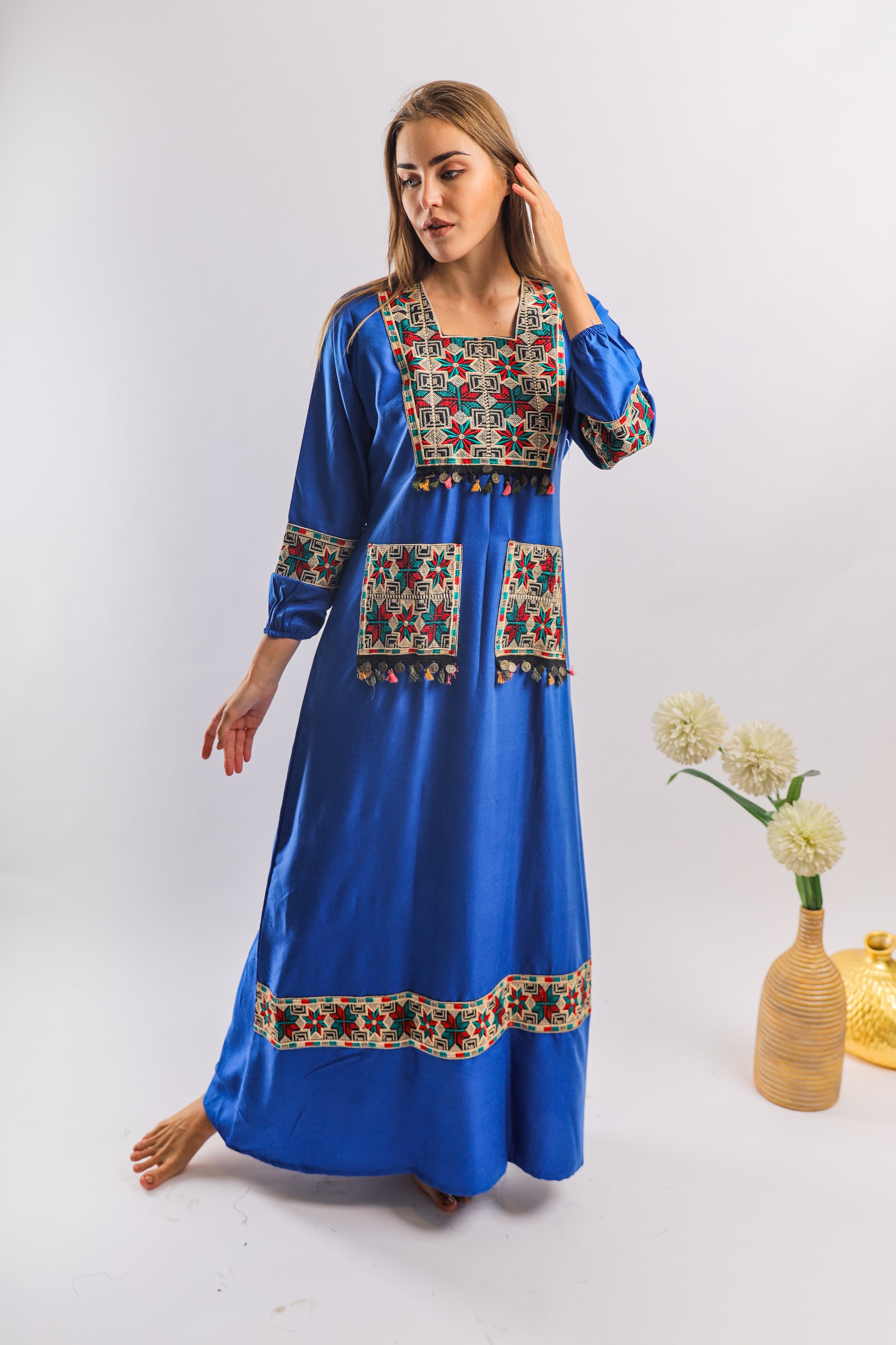 Blue Gypsy embroidered Caftan with pockets caftans for women | Etsy