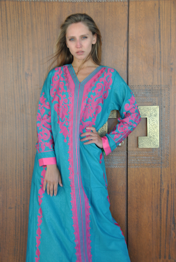 Teal Green Summer Bohemian Kaftan Dress Cotton Caftans Long