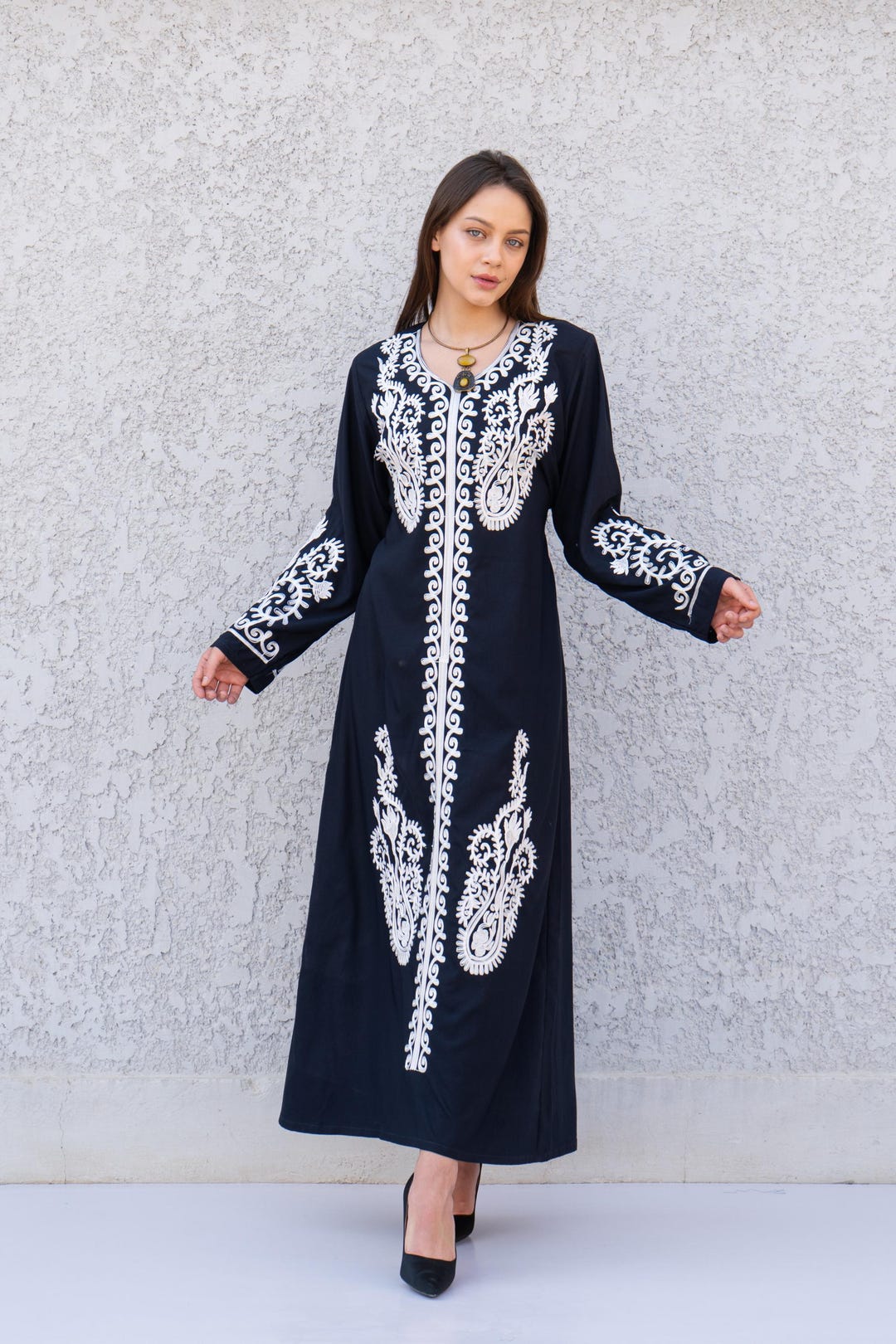 Navy Blue Embroidered Cotton Caftan for Women, Embroidered Women