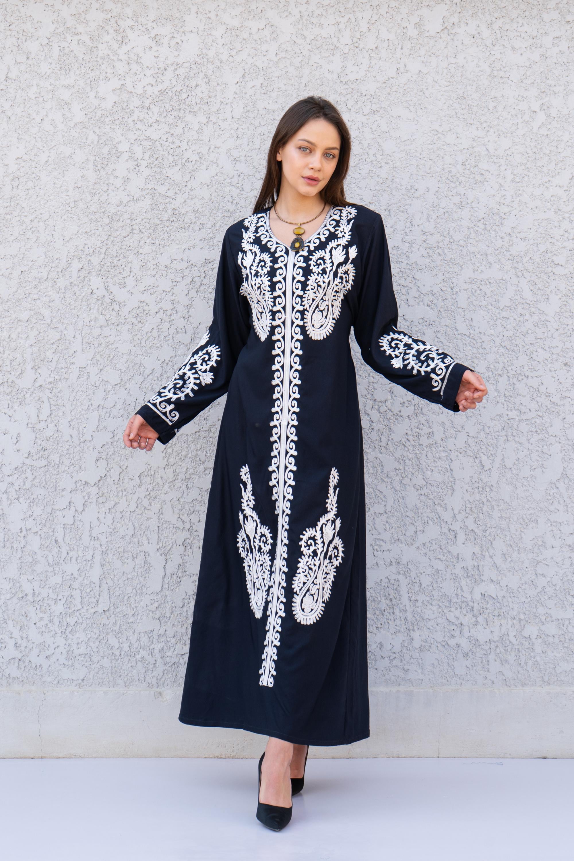 Navy Blue Embroidered Cotton Caftan for Women, Embroidered Women