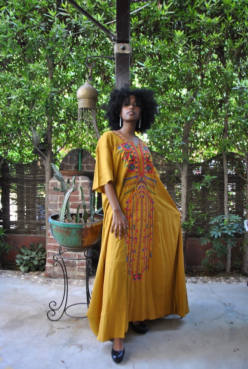 Mustard yellow Siwa embroidered Kaftan dress Cotton Kaftan | Etsy