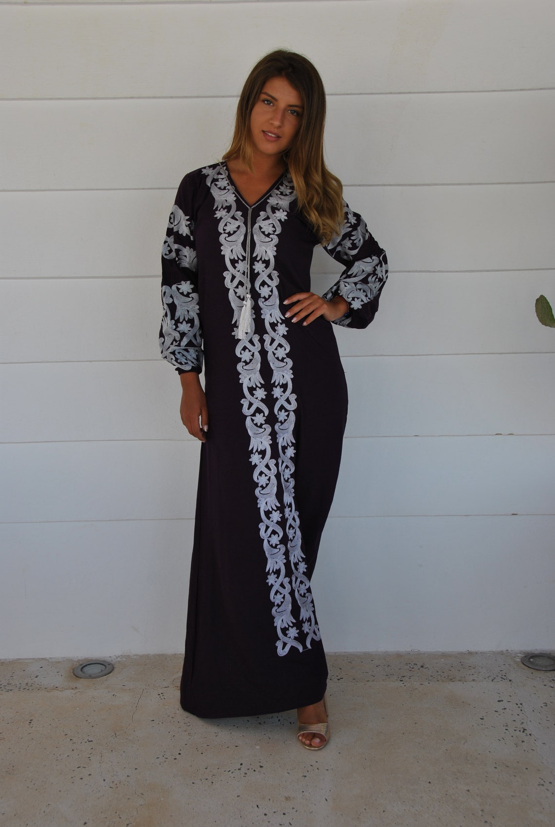 Dark purple summer Kaftan Long sleeve cotton Kaftan dress Etsy