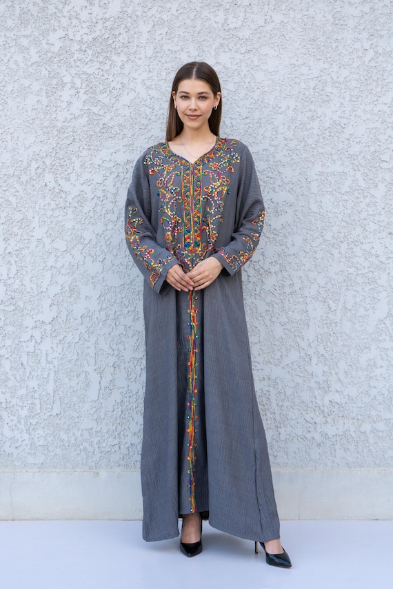 Grey Embroidered Kaftan Dress - Linen Blend Caftan for Women - Long Sleeve Maxi Kafan - Boho Moroccan Style Caftans