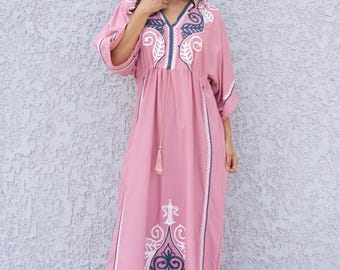 Salmon Pink Embroidered Cotton Caftan Dress, Boho African Women's Clothing