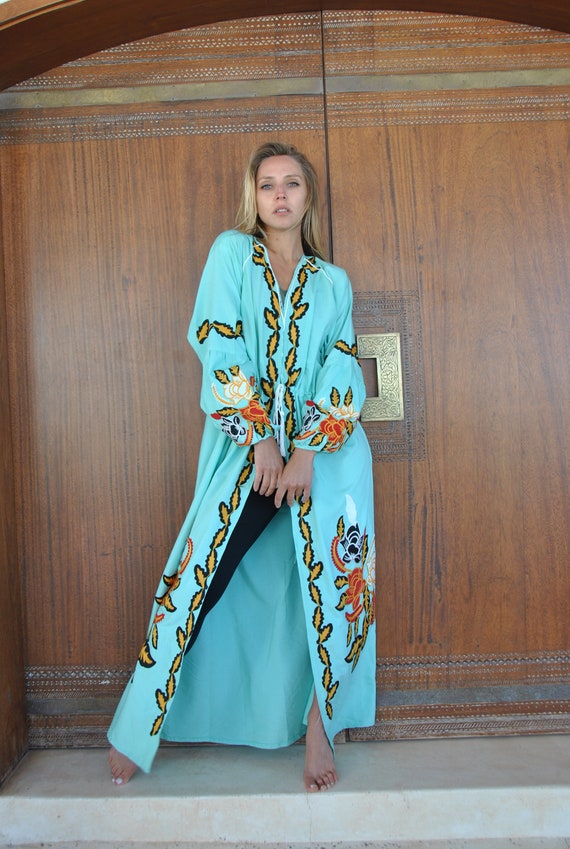 Broers en zussen Pasen Welsprekend Turquoise geborduurde kimono kimono's voor vrouwen zomer - Etsy Nederland
