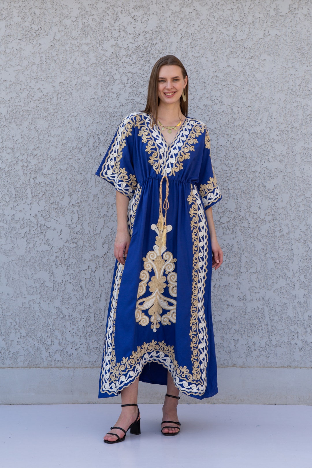 Elegant Blue Cotton Kaftan Dress, Gold/silver Embroidered Kaftan