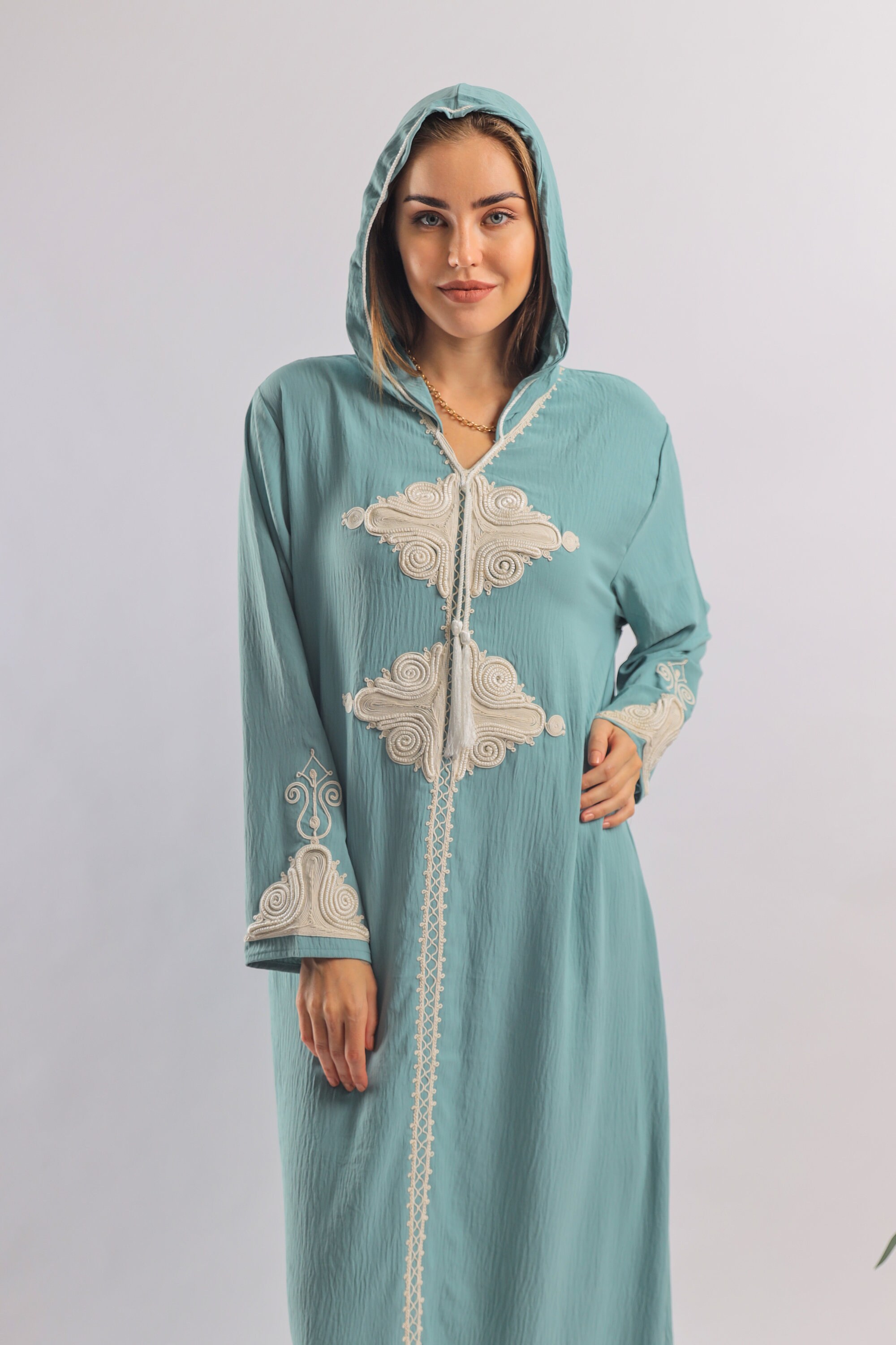Hooded mint linen/cotton caftan chic embroidered caftan Etsy