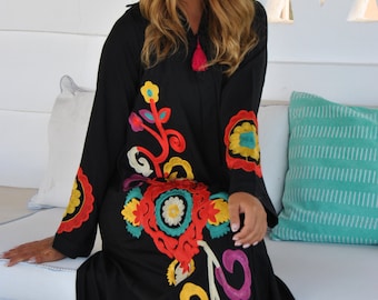 Black flower embroidered Caftan with tassels, summer caftan, Caftans for women, embroidered Caftan dress, Caftan maxi dress