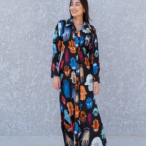 evil eye maxi dress Evil Eye Print Dress Protect Me Vintage Pattern Maxi Dress High Waist Long Sleeve Street Fashion Boho Beach Long Dresses