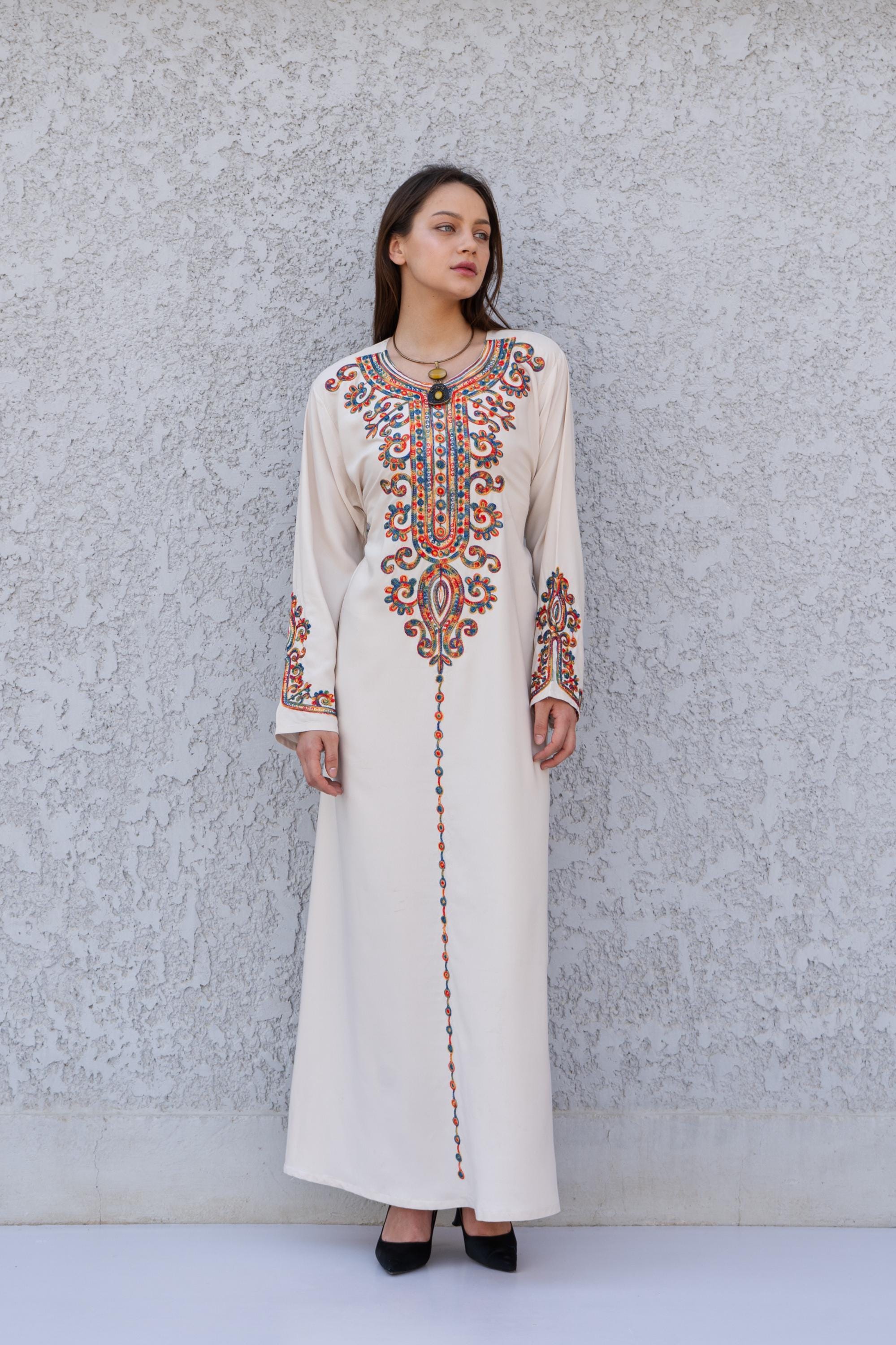 Beige Embroidered Caftan Dress, Cotton Caftan, Chic