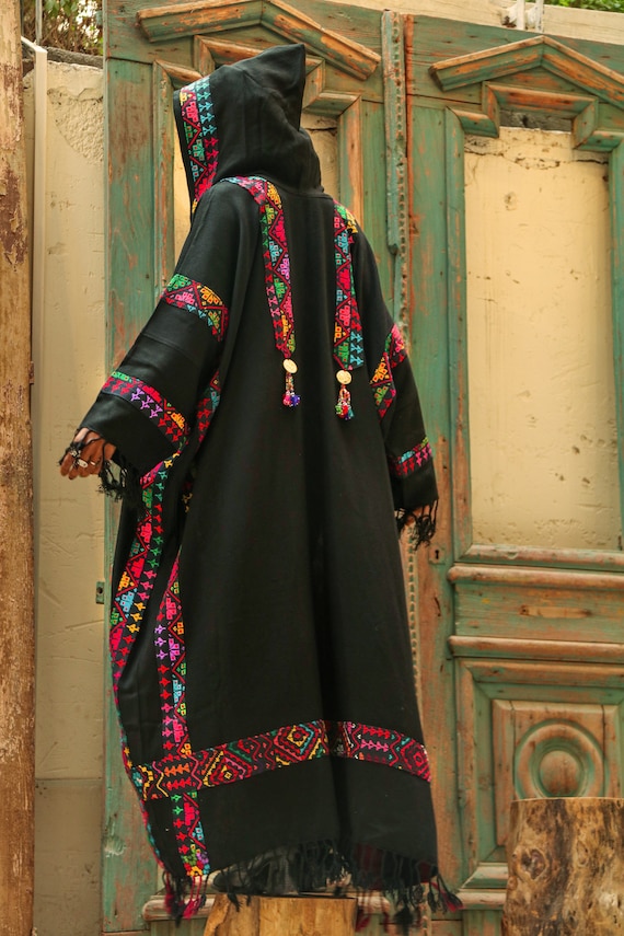 Embroidered Wool Kimono Jacket, Plus Size Bohemian, Black Winter