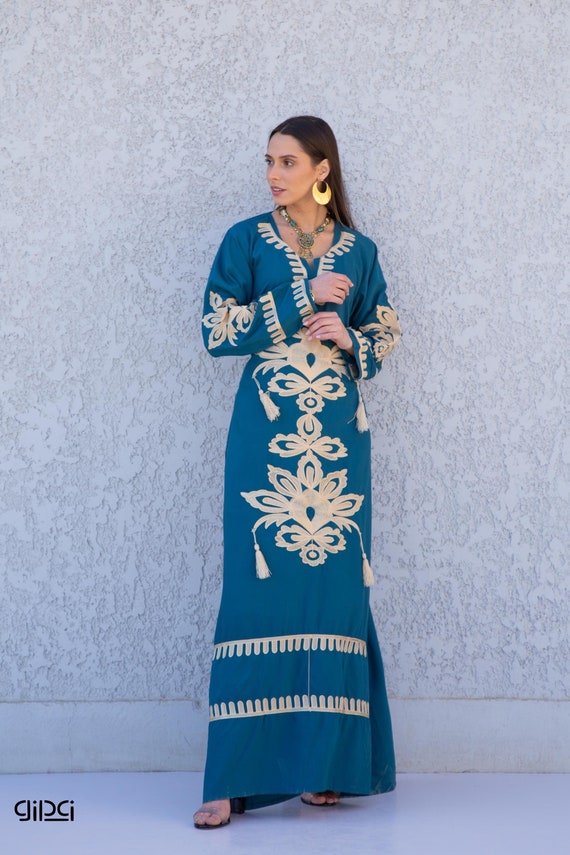 2023 elegante oro ricamato caftano lungo blu tunica allentato maxi abo donna abbigliamento estivo abbigliamento da spiaggia costume da bagno cover up Q1454  200000345