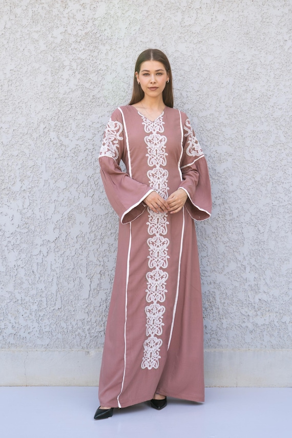 Cashmere Linen Kaftan Maxi Dress - Embroidered Caftan for Women - Boho Long Sleeve Caftan - Moroccan Style Dress - Summer Caftans