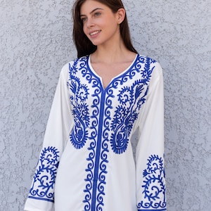 Caftán de algodón bordado blanco real para mujer, caftán bordado para mujer, vestido caftán largo, caftanes para mujer, caftán de algodón, caftanes