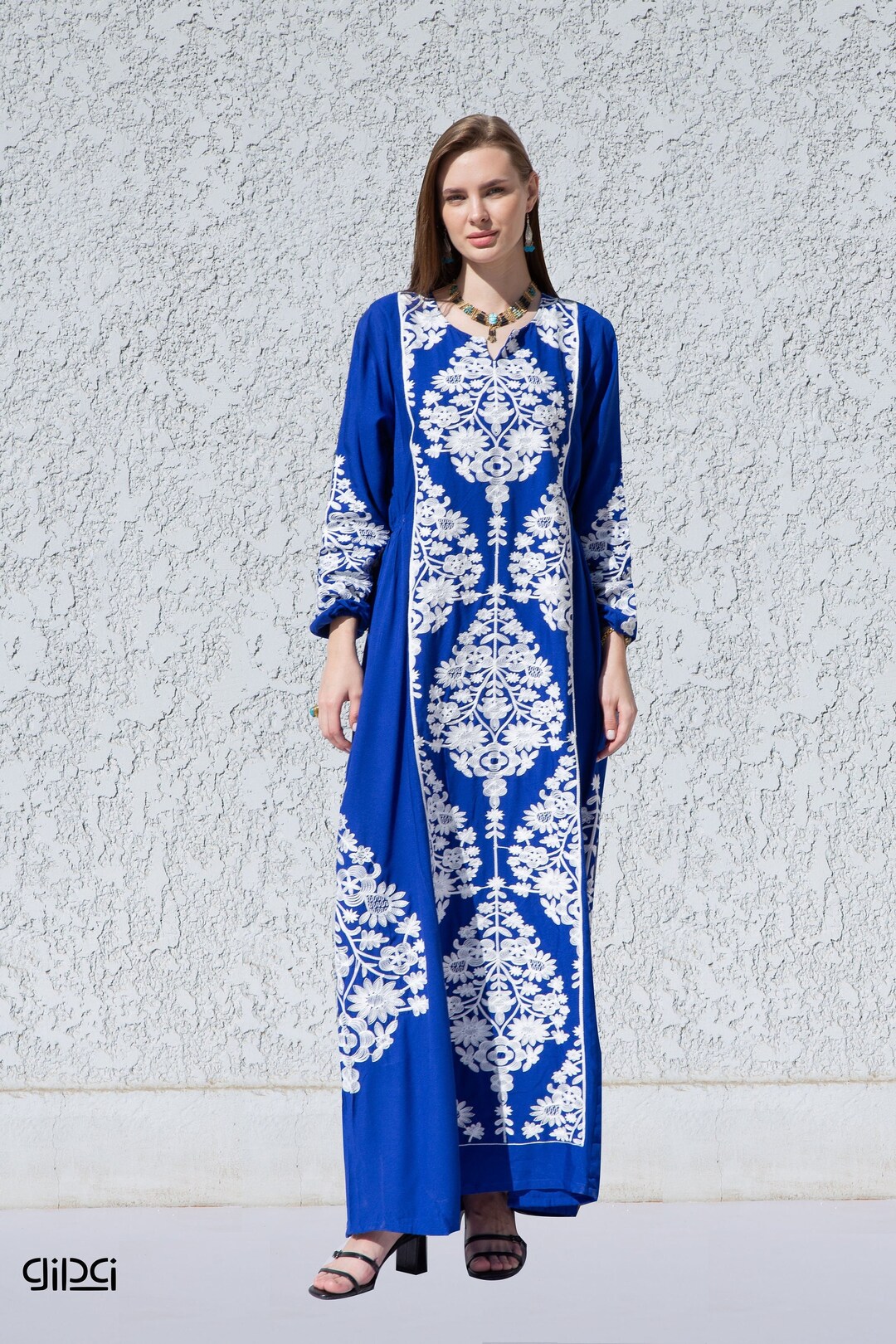 Elegant Royal Blue Embroidered Kaftan Dress Cotton Caftan Etsy New