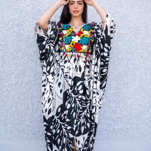 Black/white leaves Cotton embroidered Kaftan dress, cotton caftans for women, Open slit Caftan for women, Loose fit caftan, Plus size kaftan