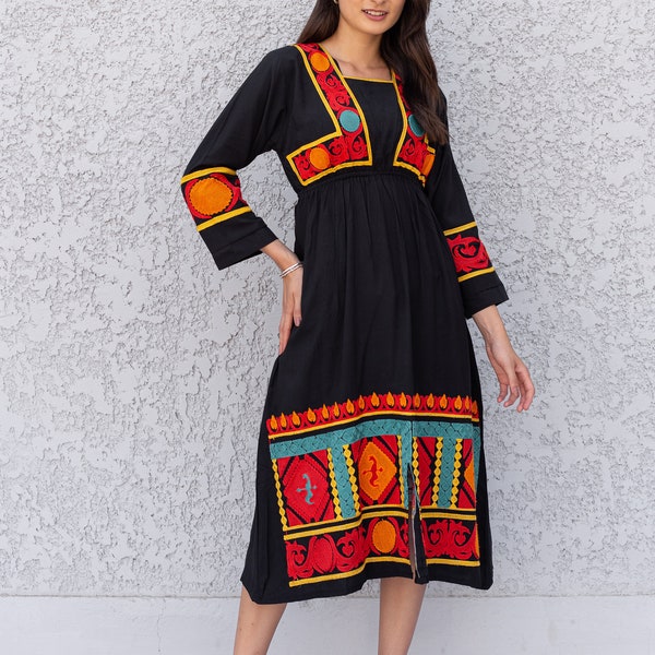 Colorful Black cotton caftan, Short embroidered Cotton caftan dress, African women clothing, Bohemian maxi dress, Boho caftan, caftans