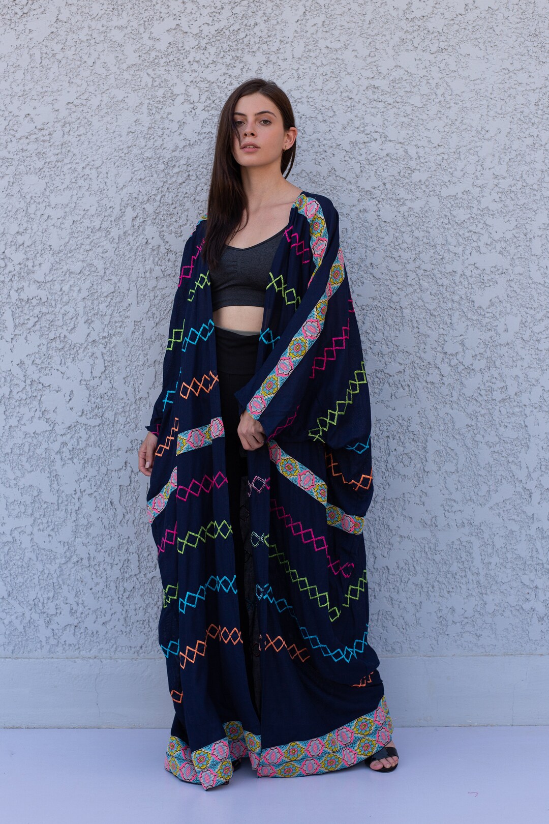 Gypsy Navy Blue Embroidered Cardigan With Tassels Boho Kimono Etsy