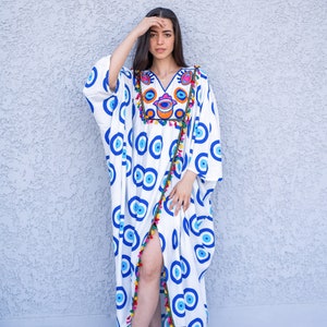 Stunning greek eye embroidered Kaftan dress, cotton caftans for women, Open slit Caftan for women, Loose fit caftan, Plus size kaftan