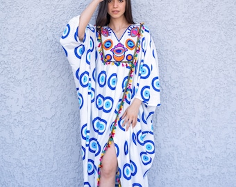 Stunning greek eye embroidered Kaftan dress, cotton caftans for women, Open slit Caftan for women, Loose fit caftan, Plus size kaftan