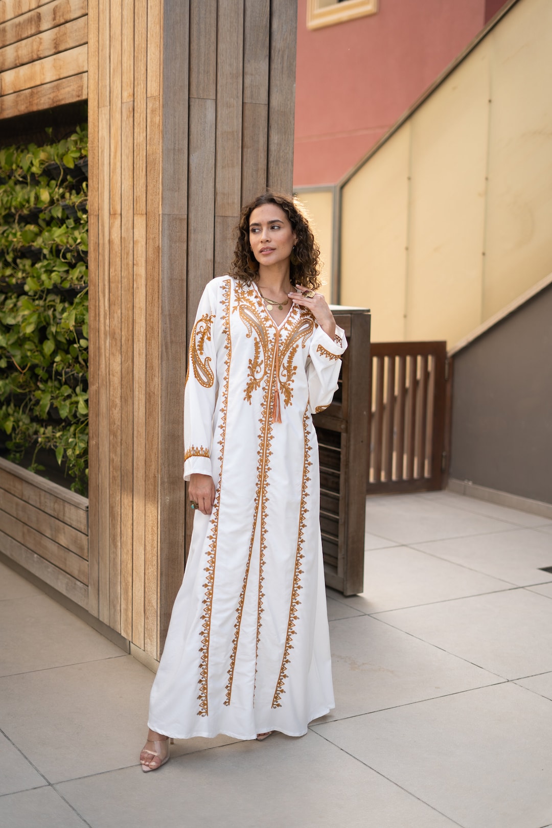 White Draped Kaftan Sleeve Dress With Gold Buttons