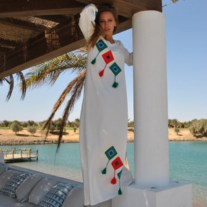 White cubes embroidered Caftan with tassels, caftans for women, embroidered Caftan dress, Kaftan maxi dress, Kaftans for women, Caftans