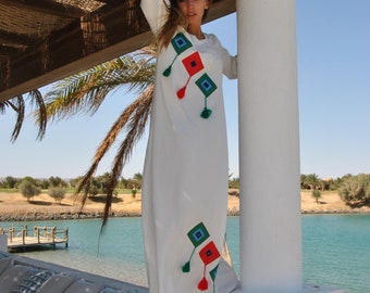 White cubes embroidered Caftan with tassels, caftans for women, embroidered Caftan dress, Kaftan maxi dress, Kaftans for women, Caftans