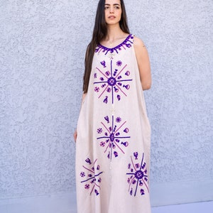 Siwa embroidered beige linen caftan, embroidered kaftan dress, boho caftan, Summer Kaftan, Linen Caftans for women, caftans for women