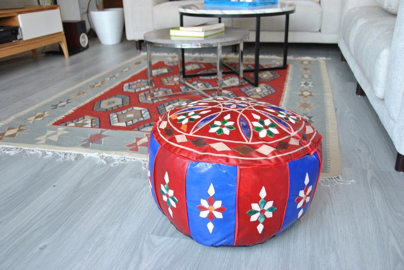 Genuine Leather Mandala Style Pouf Oriental Pouf Ottoman Pouf Moroccan Pouf Handcrafted Leather Bohemian Pouf