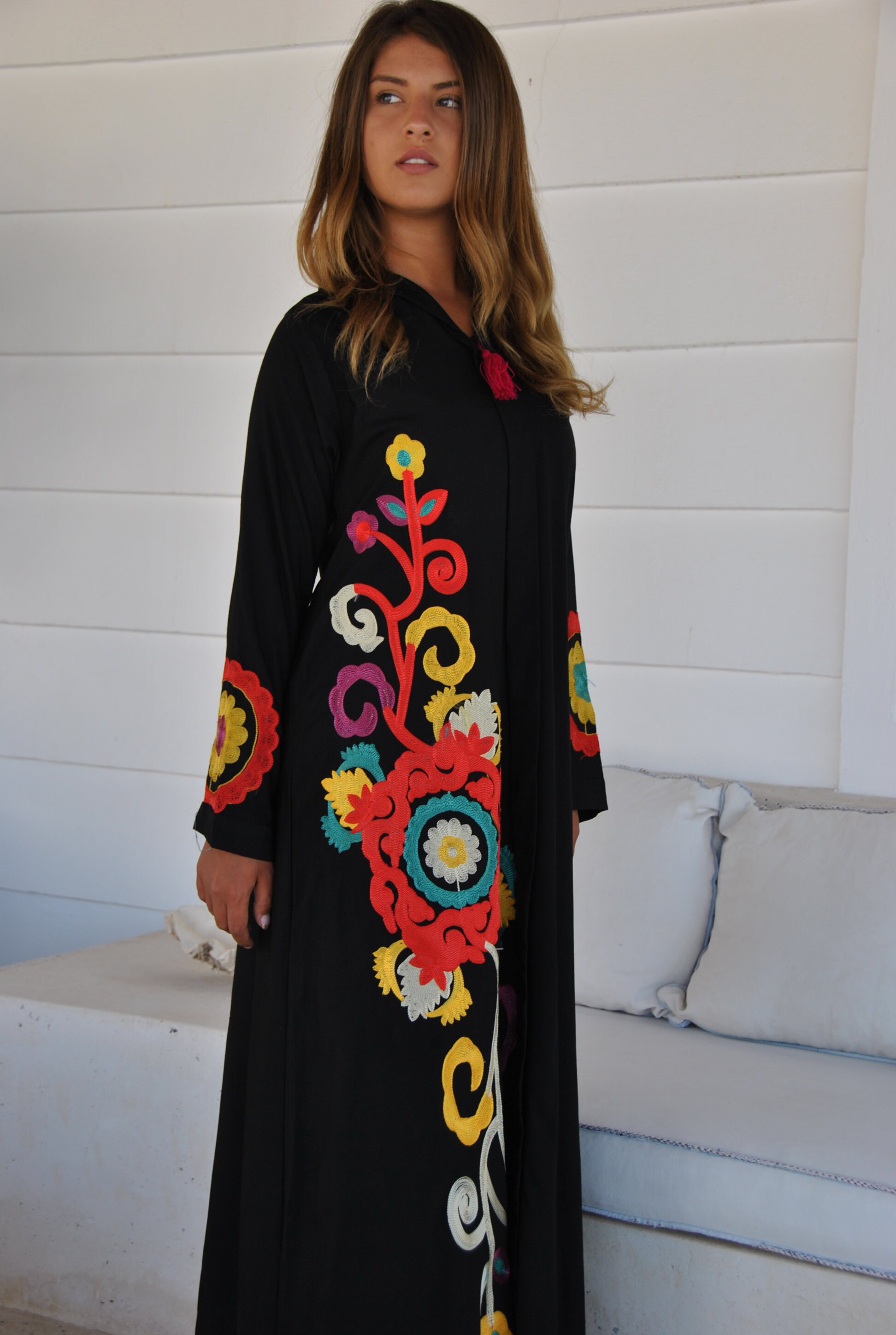 Black flower embroidered Caftan with tassels summer caftan Etsy