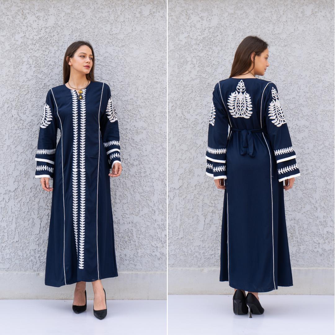 Elegant Navy blue embroidered kaftan dress, Cotton caftan women, Long sleeve caftan, Chic embroidered caftan, High quality Egyptian cotton