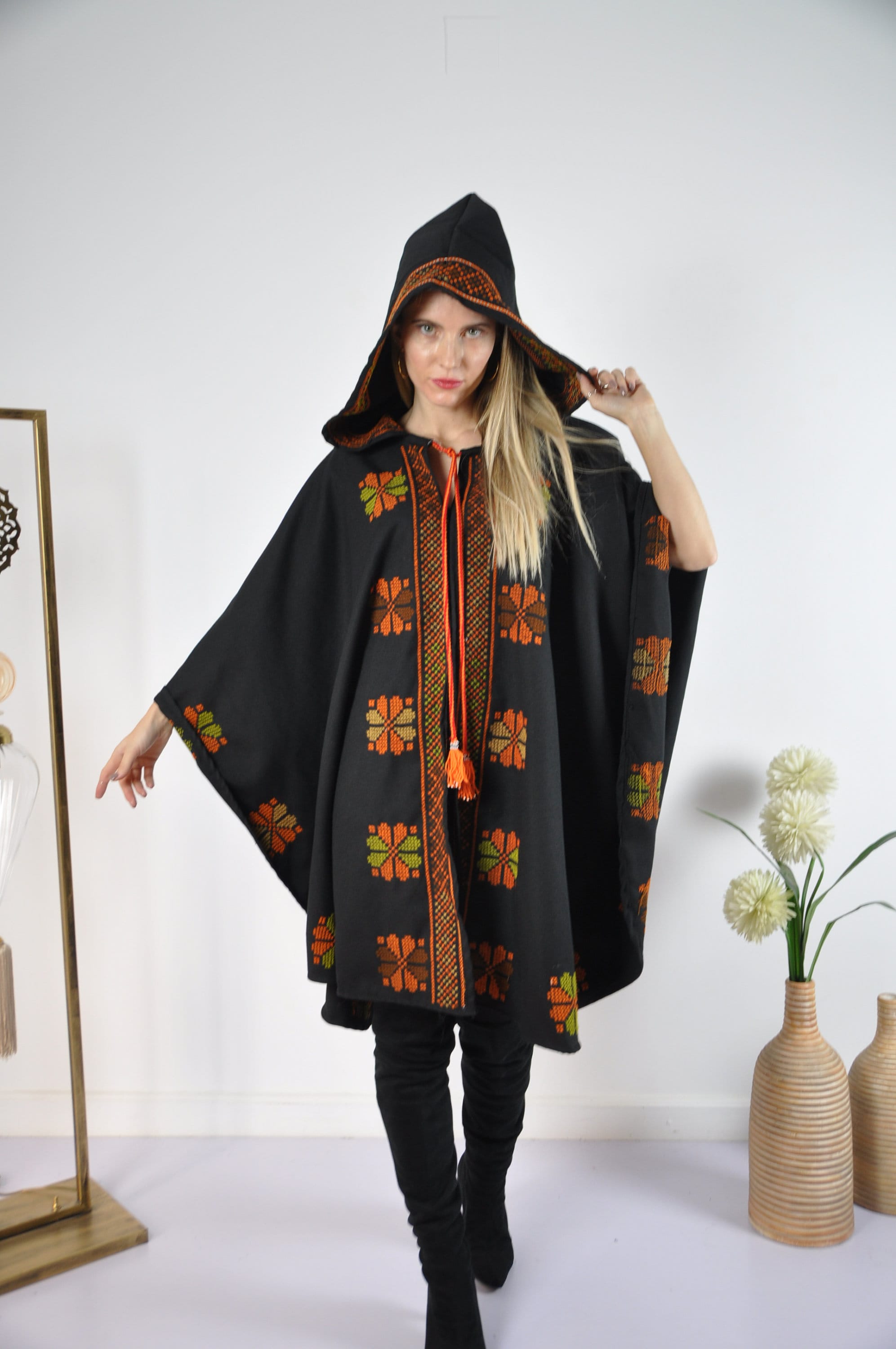 Bedouin embroidered hooded wool coat cloak, Morocco vintage