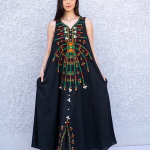 Bohemian Black linen caftan dress, Siwa embroidered kaftan dress, boho caftan, Summer Kaftan, Linen Caftans for women, caftans for women