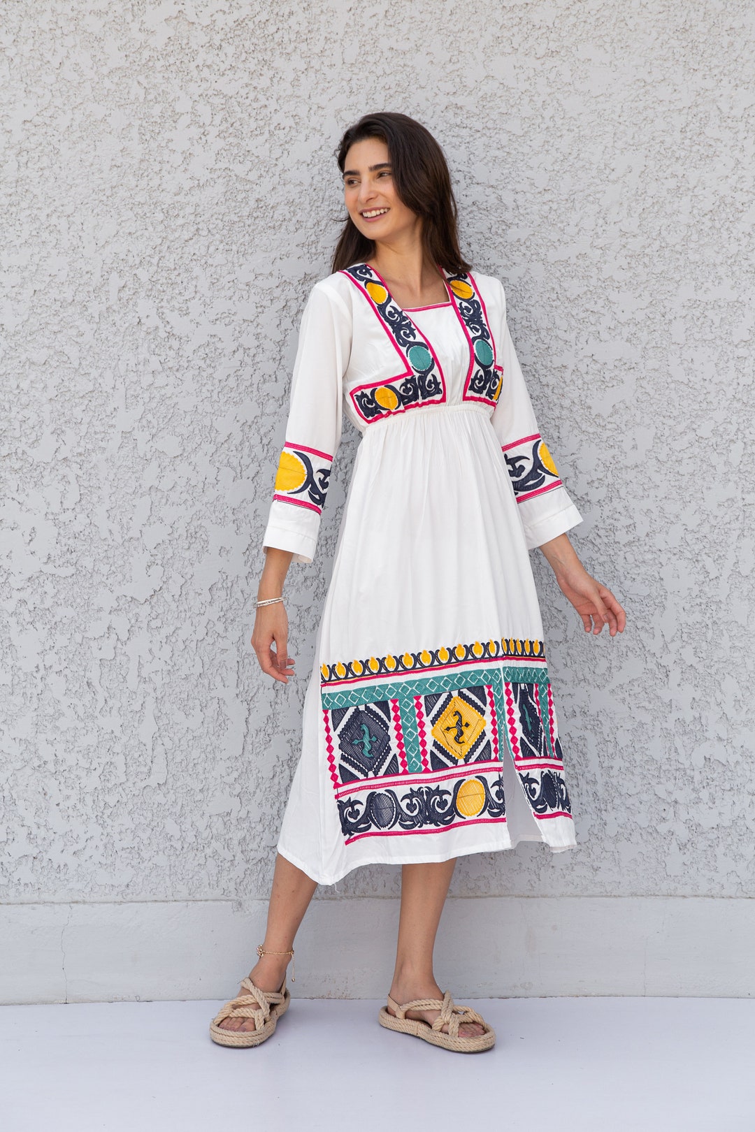 Colorful White Cotton Caftan, Short Embroidered Cotton Caftan Dress ...