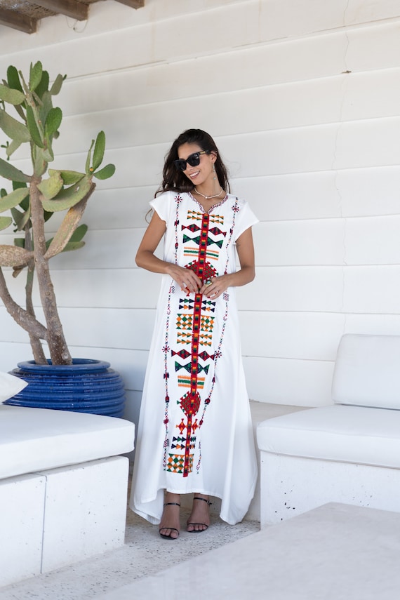 embroidered kaftan maxi dress White Embroidered Kaftan Maxi Dress, Bohemian Cotton Bohemian Style