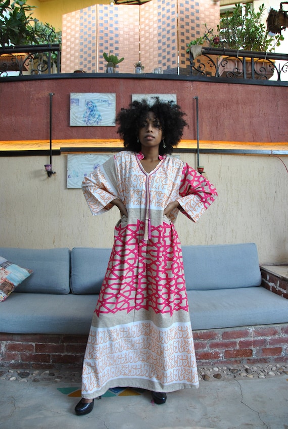 Gipci Chic Pink Kaftan, Fall/Winter Kaftan, House Dress, One Size Moroccan Kaftan, Arabic Letters Print Cotton Caftan, Long Sleeve Caftan