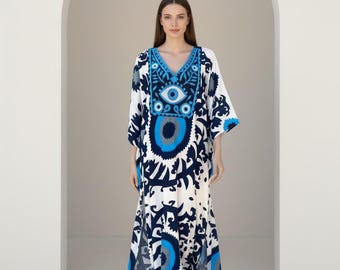 Sukienka typu kaftan w stylu boho z nadrukiem „Evil Eye”, zwiewna, letnia narzutka na plażę