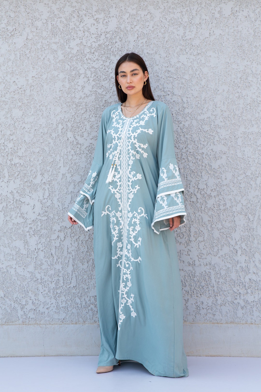 Elegant Mint Wedding Embroidered Kaftan Maxi Dress, Kaftan Maxi, Cotton