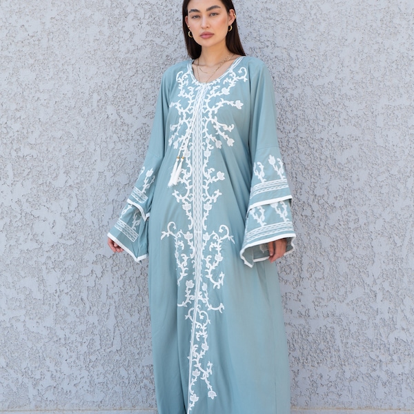 Robe longue caftan brodée de mariage menthe élégante, caftan maxi, caftan en coton pour femmes, caftan, caftan brodé chic, coton égyptien 10-23