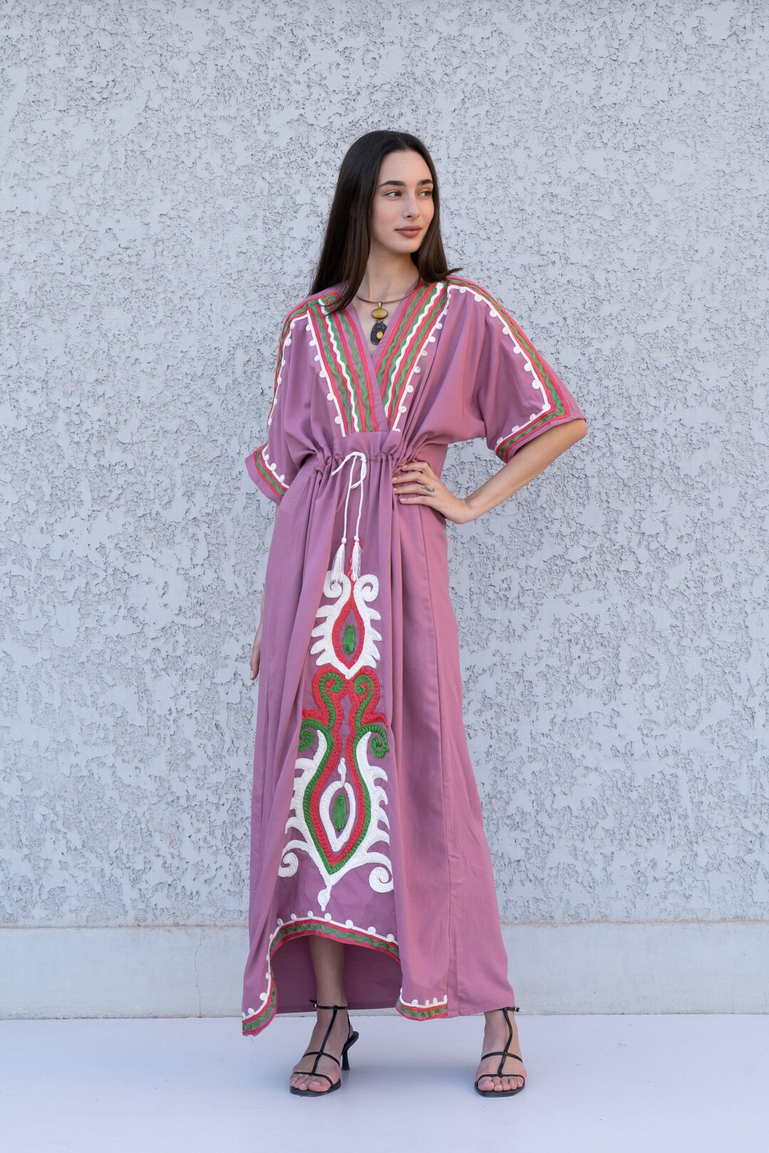 Pink Hand Embroidered Kaftan Dress, Cotton Kaftan Dress, Embroidered Kaftan, Women Kaftans