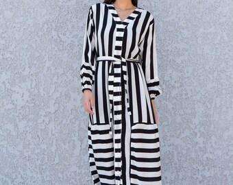 Striped Button-Up Viscose Kaftan Dress, Boho Summer Maxi Long Dress