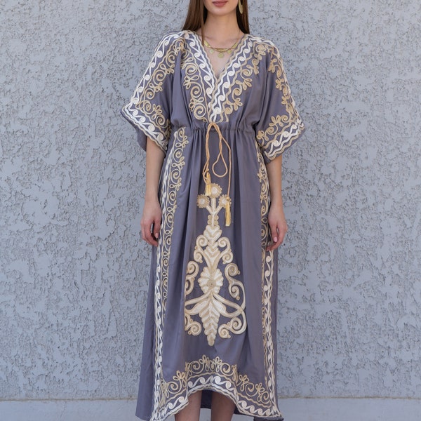 Elegant Grey cotton kaftan dress, Gold/Silver embroidered kaftan, Kaftan dress, women kaftans, caftans for women, caftans, summer kaftans