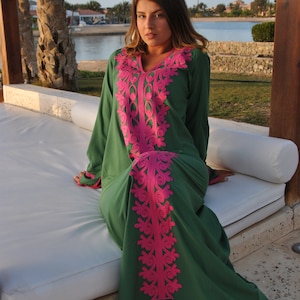 Green Autumn / Winter Bohemian Maxi kaftan dress, Long sleeve caftan, Chic embroidered caftan, High quality Egyptian cotton.