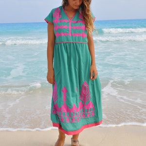 Boho Huipil dress, Bohemian embroidered tunic dress, Green summer dress, women tunic dress, Summer vacation dress, resort wear women dress