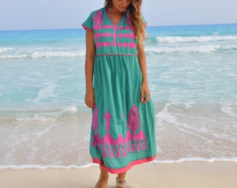Boho Embroidered Tunic Dress, Egyptian Cotton Green Summer Dress